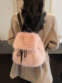 Luxury Soft Plush Women's Backpack Winter Solid Color Furry Shoulder Handbag Fashion Ladies Schoolbag For Females - Pink - View 4
