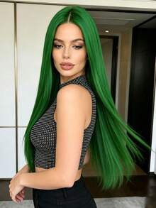 Green 28 Inch Straight Hair Wig For Women, Middle Part No Bangs, Fashionable & Elegant, Soft & Smooth, Suitable For Daily Wear, Halloween Costume, Fits All Women - Green - View 6