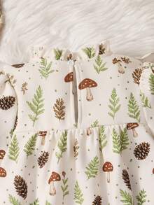 Young Girls Vintage Mushroom & Plant Print Dress, Ruffle Hem Big Bow Long Sleeve Loose Casual Cover-Up Dress - Mint Green - View 8