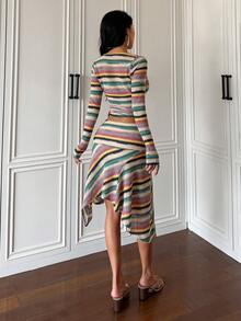 Colorful Striped Knit Wrap V-Neck Long Sleeve Top & Ruffle Mid-Length Skirt 2 Pieces Set - Multicolor - View 2