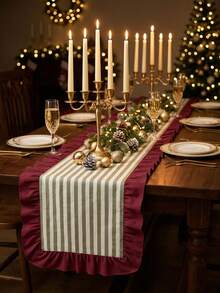 1pc Green & White Fine Striped With Burgundy Ruffle Edge Table Runner, Christmas Country Style Fabric Material, Rectangular Shape With Burgundy Ruffle Edge Patchwork Detail Decoration, Beautification And Stain Protection For Tabletop, Suitable For Christmas Fireplace Decor And Winter Holiday Home Scenes - Red - View 8