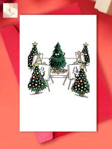 Funny Christmas Greeting Card, Cute Cartoon Christmas Tree Painting Class Graphic, Humorous Festive Card For Artist Friends, Whimsical Xmas Holiday Card, Unique Seasonal Art Themed Card For Family And Art Lovers - One Size Fits All - View 2