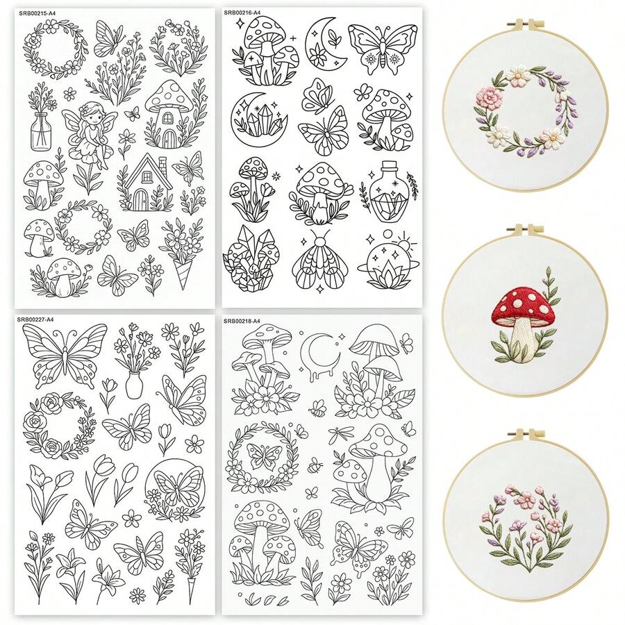 DIY Embroidery Stabilizer, A4 Size Self-Adhesive Water Soluble Non-Woven Auxiliary , Butterflies And Flowers Design, For Beginner's To Use In Embroidery Projects