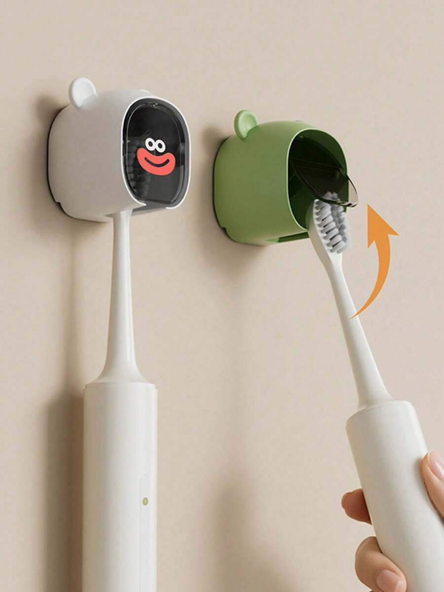 1pc Cartoon Wall Mounted Toothbrush Holder, No Drill Electric Toothbrush Storage Rack With Drain Holes & Dust Cover, Waterproof Bathroom Organizer, Space Saving Toothbrush Stand - Multicolor - View 1