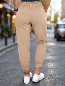 Pantalones casuales de mujer de unicolor con cordón y atados en los tobillos, para primavera - Caqui - Ver 3