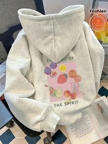 Women's Cute Hooded Sweatshirt, Drop Shoulder Long Sleeve Pullover, Fruit Pattern Print, Ribbed Knit Detail, Suitable For Warm Casual Wear - White Gray - View 2
