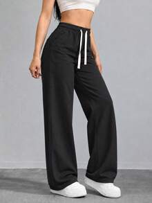 Women's Black Casual Wide Leg Pants Elastic Waist Adjustable Drawstring Relaxed Loose Fit Full Length Everyday Trousers - Black - View 7