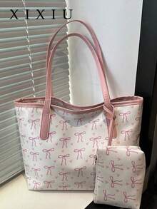 1pc Fashion Contrast Color Bow Print Shoulder Bag, Minimalist Lightweight, Multi-Pocket Design, Large Capacity, With Laptop Compartment - White - View 9