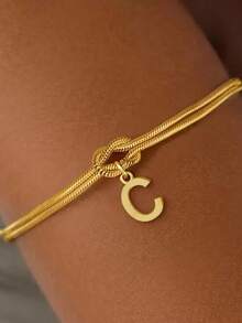 1pc Minimalist Niche Gold Knotted Double Layer A-Z Letter Pendant Bracelet For Women, Suitable For Delicate Daily Wear And Gift Giving - Multicolor - View 6