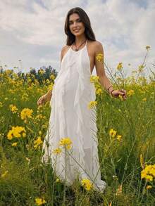 Bump Style Maternity Dress, Elegant Casual Daily Commute Vacation Minimalist Sexy Backless White Dress, Birthday Party Dress, Vintage Style Dress, Bodycon Dress, Solid Color Round Neck Sleeveless Waist-Cinching Mid-Length/Long Dress, Bohemian Style - White - View 1