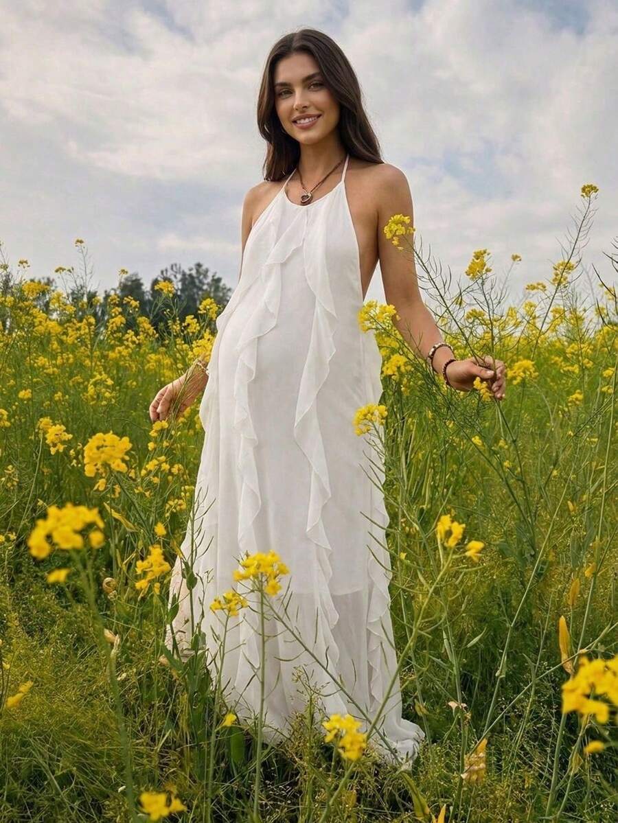 Bump Style Maternity Dress, Elegant Casual Daily Commute Vacation Minimalist Sexy Backless White Dress, Birthday Party Dress, Vintage Style Dress, Bodycon Dress, Solid Color Round Neck Sleeveless Waist-Cinching Mid-Length/Long Dress, Bohemian Style - White - View 1