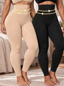 2pcs Plus Size High Waist Tummy Control Butt Lifting Elastic Yoga Fitness Pants For Women - Multicolor - View 3