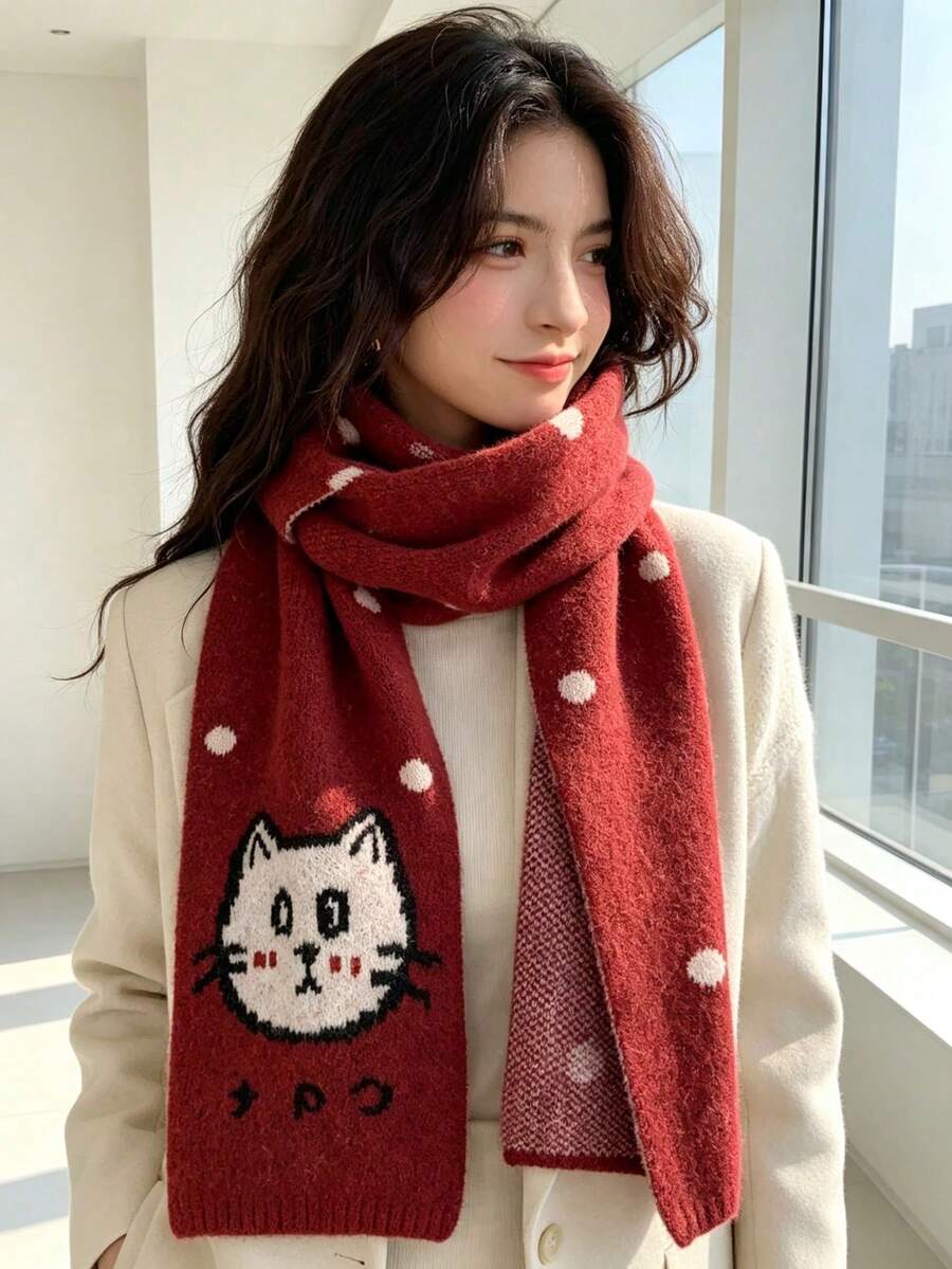 Cartoon Knitted Deer Plush Bear Yellow Scarf Women's Winter Atmosphere Warm Neck Protector Cold-Proof Versatile Shawl - Red - View 1