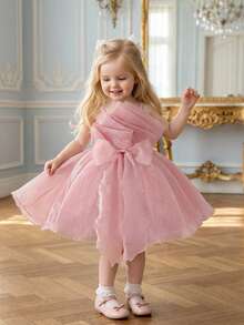 Baby Girls Spaghetti Strap Ruched Bow Starry Tulle Cute Birthday Princess Dress, Suitable For Party, Wedding Flower Girl, Vacation, Without Headband - Dusty Pink - View 5