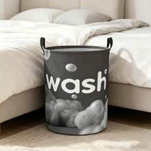 Black Washed Letter Bubble Print Cylindrical Laundry Basket, Portable Foldable Storage Bin, Large-Capacity Dirty Clothes And Toy Storage Box, For Laundry Room, Bedroom, Bathroom, Dorm, Closet, Sturdy Handles, Space-Saving Design - Grey - View 1
