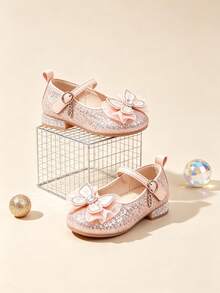 1 Pair Little Girls Pink Mary Jane Princess Shoes, Glitter Rhinestone Butterfly Decor Low Heel Ankle Strap Kids Pumps For Wedding Party Birthday - Pink - View 5