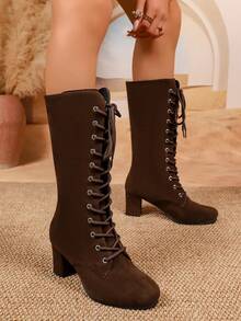 2026 New Round Toe Chunky Heel Women's Ankle Boots, Height-Increasing Versatile Lace-Up Ankle Boots For Autumn/Winter - Brown - View 5