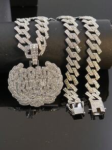 Men's Full Rhinestone ROAD RUNNER Letter Pendant Necklace, Thick Cuban Chain, Hip Hop Rap Street Style Jewelry - ROAD RUNNER - View 11