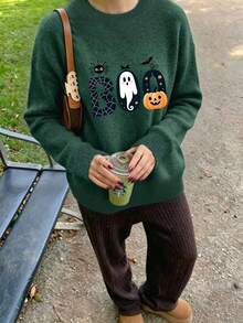 Plus Size Women's Ghost Reading Bookshelf Graphic Casual Pullover Sweater - Dark Forest Green - View 6
