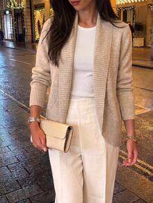 Early Fall Old Money Shawl Collar Knit Cardigan, Women Open Front Long Sleeve Relax Fit Sweater - Apricot - View 2