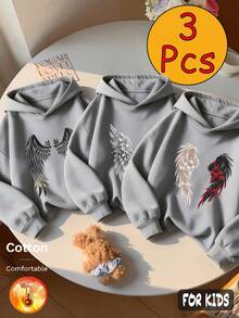 Fall/Winter 3 Pieces Set Girls' Hooded Sweatshirt Wing Print Gray Long Sleeve Cotton Y2K Style - Heather Gray+Heather Gray+Heather Gray - View 5