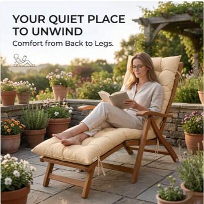 Beige Recliner Chair Cushion With Tie Straps - Soft Padded Full Length Fabric Seat Pad For Garden, Patio & Lounge Chairs