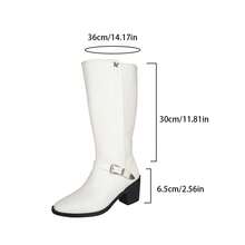 Women's White Western Cowboy Tall Boots, Buckle Side Zipper Chunky Heel, Autumn/Winter Long Boots, Suitable For Concerts, Commuting And Autumn/Winter Outfits - White - View 7