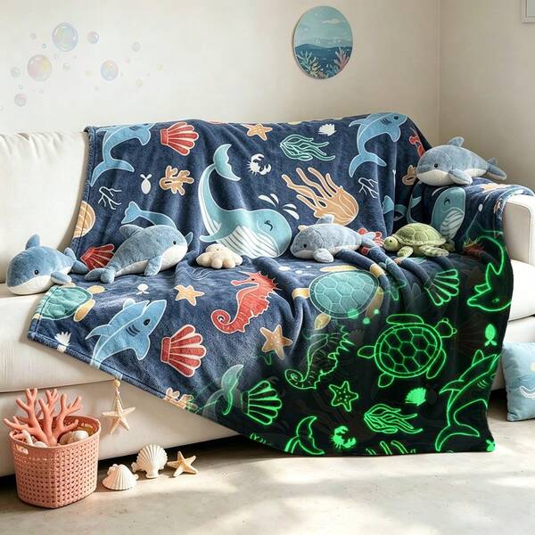 1 Pc This Is A Marine Life Pattern Glow In The Dark Blanket A Comfortable Plush Blanket Suitable For Teenagers And Adults Which Can Be Used On Beds Sofas And Outdoors And Can Also Serve As A Birthday And Christmas Gift