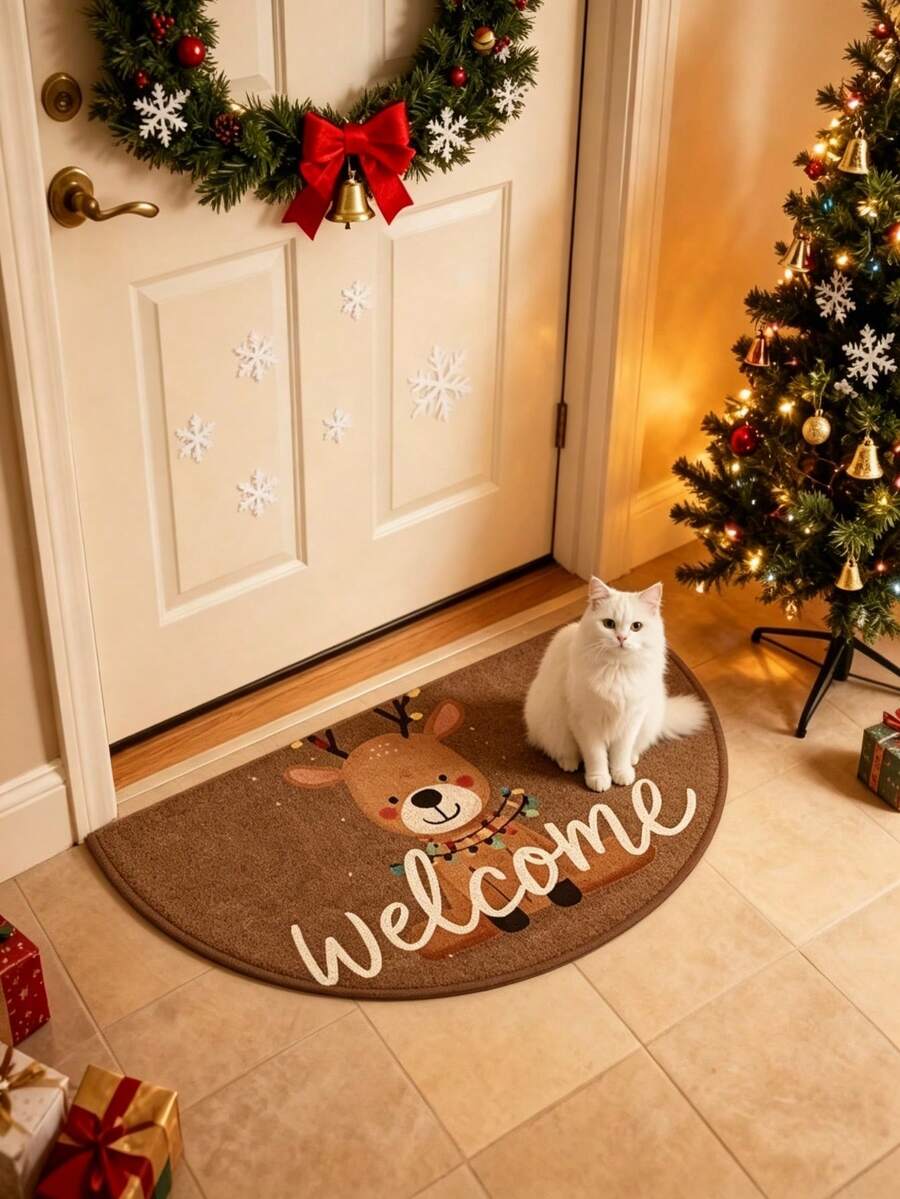 1pc Semi-Circular Christmas Reindeer Welcome Doormat, Cute Cartoon Half Moon Entrance Mat, Anti-Slip Stain-Resistant Christmas Decor Rug, Washable, Decorative Carpet, Bedroom Decor, Small Rug, Carpet, Home Decor, Living Room Rug, Living Room Small Rug, Bedroom Carpet, Living Room Home Decor, Outdoor Rug, Washable Carpet - Multicolor - View 1