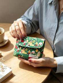 Green Cartoon Village Print Snap Button Small Cosmetic Pouch Mini Portable Lipstick Jewelry Storage Bag Cute Travel Toiletry Organizer Gift L'Occitane Small Makeup Bag - Green - View 2
