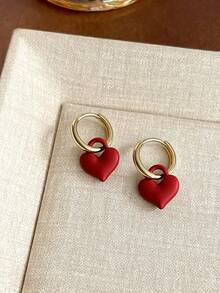 1 Pair French Style Exquisite Sweet Vintage Red Heart Hoop Earrings, Minimalist Fashion Luxury Elegant Design Versatile Ear Studs, Suitable For Women's Daily, Holiday, Commute Wear - Multicolor - View 1