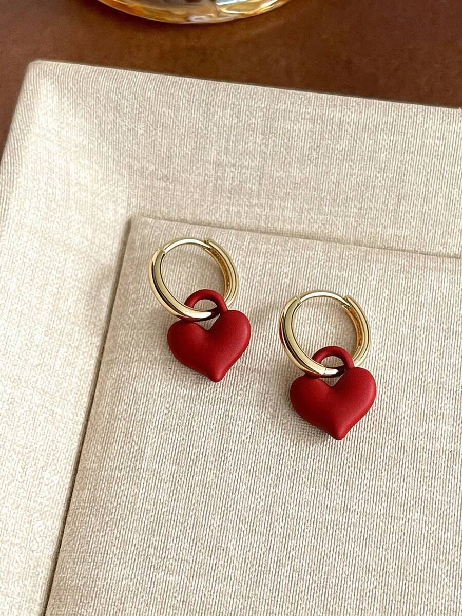 1 Pair French Style Exquisite Sweet Vintage Red Heart Hoop Earrings, Minimalist Fashion Luxury Elegant Design Versatile Ear Studs, Suitable For Women's Daily, Holiday, Commute Wear - Multicolor - View 1