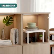Geezy Stackable Square Shelf Insert - Small Kitchen Cupboard Organiser & Pantry Cabinet Counter Storage Rack - White Space Saving Plastic Stand For Mugs, Plates, & Bowls - View 4