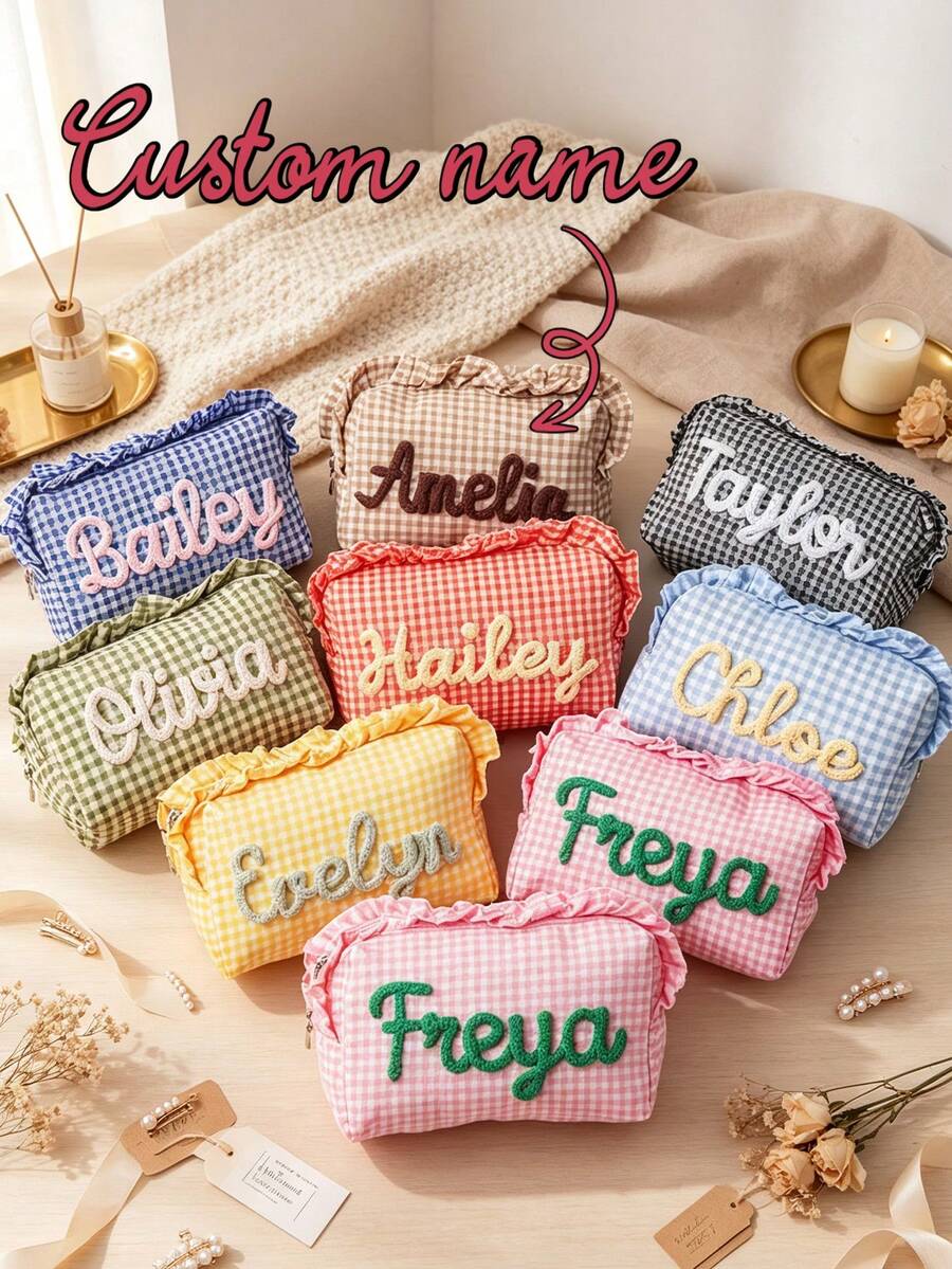 Personalized Plaid Makeup Bag, Customized Name Ruffle Edge Cosmetic Storage Bag, Preppy Style Toiletry Organizer, Gift For Her, Travel Essential - Multicolor - View 1