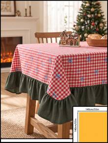 1pc Red & White Classic Small Plaid Blue Bow Print Tablecloth, Traditional Country Style Rectangular Green Leaf Edge Pleated Detail Stain-Resistant Protective Table Cover, Suitable For Christmas Family Gathering And Winter Holiday Dining Room Decor - Red - View 19
