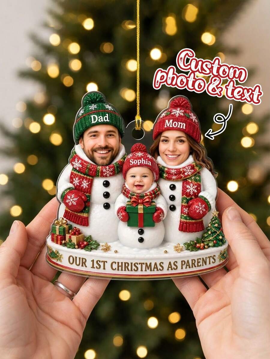 1pc Custom Personalized Snowman Family Photo Ornament, First Christmas As Parents, Custom Photo Faces,Holiday Keepsake,Christmas Tree Decoration,Family Snowman Hanging Decor,Christmas Gift,New Parents Winter Gift - Multicolor - View 1