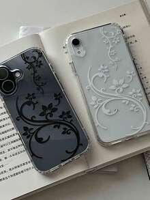 Fashionable New Transparent Retro Autumn/Winter Black & White Floral Pattern Phone Case Compatible With Apple 17 Pro Max/16/15/14/18, Soft Edge Acrylic Clear Minimalist Niche Personalized Ins Vintage Style Shockproof Protective Cover - White - View 3