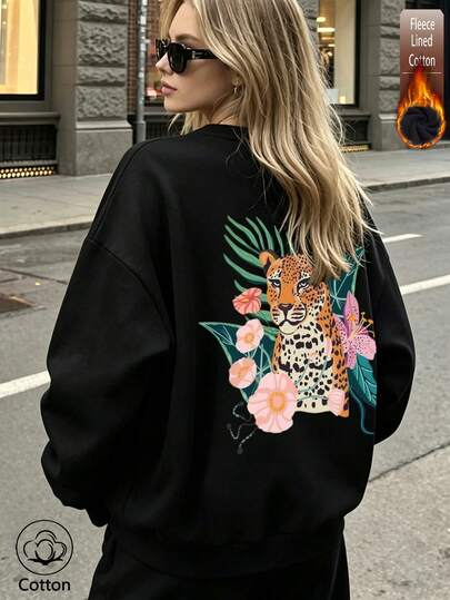 sweat-shirt décontracté à col rond avec imprimé léopard & floral coloré au dos, pull noir à manches longues pour les jeunes, automne hiver