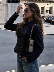 Women Double Breasted Windbreaker Lapel Long Sleeve Coat Casual Outfits For Fall Winter Daily Commuting Going Out Dating - Black - View 2