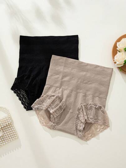 2pcs Women's High Waist Butt Lifting Tummy Control Sexy Lace Trim Shaping Triangle Panties