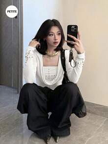 美式辣妹風低領長袖修身顯身材鉚釘抹胸兩件套 - 白色 - 查看 5
