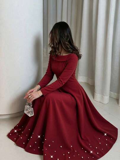 Autumn/Winter Red Lapel Long Sleeve Cinched Waist Shiny Pearl A-Line Mid-Length French Elegant Luxury Christmas Party New Year Fitted Women's Dress