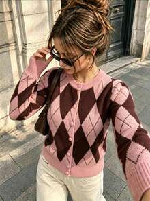 2026 Women's Autumn/Winter New Vintage Argyle Colorblock Knit Cardigan, Pink & Brown Diamond Check Round Neck Single-Breasted Sweater Jacket, Loose Slouchy Top - Multicolor - View 7