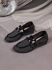 1 Pair Women's Black Mary Jane Wedge Pumps, Double Buckle Shiny Strap Decor, Soft Fabric Material, Round Toe Comfortable Soft Sole, Vintage Commuter Style, Suitable For Office Work Commute Outfit, Autumn New Arrival - Black - View 2