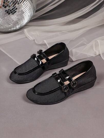 1 Pair Women's Black Mary Jane Wedge Pumps, Double Buckle Shiny Strap Decor, Soft Fabric Material, Round Toe Comfortable Soft Sole, Vintage Commuter Style, Suitable For Office Work Commute Outfit, Autumn New Arrival