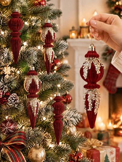 6 piezas de adornos colgantes de árbol de Navidad en forma de cono de terciopelo con efecto de carámbano, adornos navideños de color rojo vino con brillo y efecto de escarcha, decoraciones navideñas con textura de purpurina dorada, para decoración colgante de Navidad, decoración navideña, decoración de fiestas navideñas, regalo de Navidad