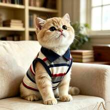 HaoX 2pcs Pet Polo Collar Vest Shirt + Pet Storage Hook Set, Suitable For Cats And Small Dogs, Sleeveless Striped Pet Clothes, Suitable For Ragdoll, Golden Shaded, Devon Rex, Orange Cat, Teddy And Bichon, Comfortable Indoor Daily Wear Set - Multicolor - View 3