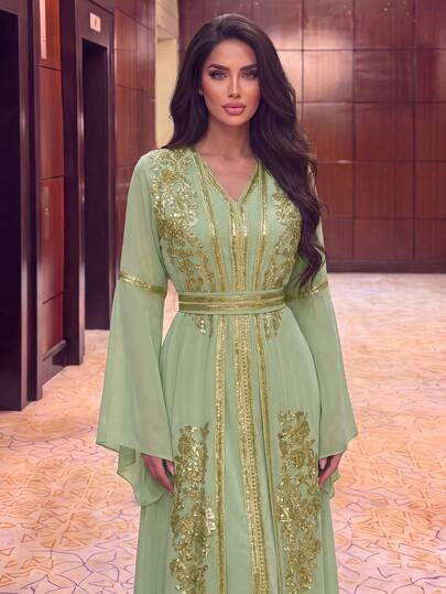 Women's Elegant V-Neck Dress, Flowing Formal Gown With Slit Cuffs And Exquisite Gold Trim, Suitable For Special Occasions