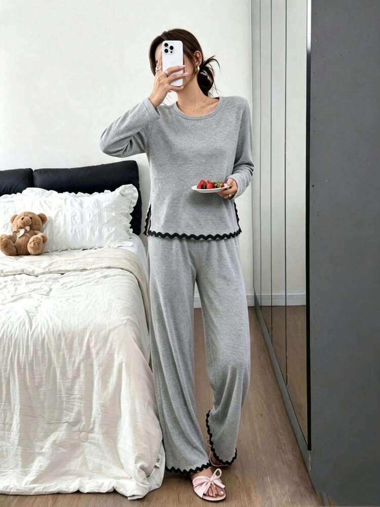 Spring/Autumn Comfortable Loungewear 2 Pieces Set: Heather Gray Crew Neck Long Sleeve Top + Drapey Wide Leg Pants - Grey - View 2