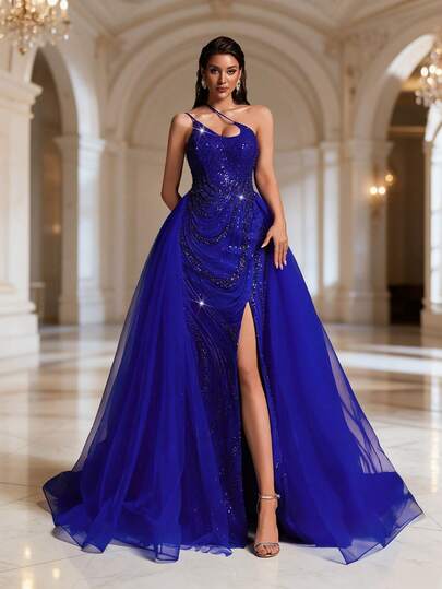 IBTRLY New Elegant Luxury Asymmetric Shoulder Strap Heavy Sequin & Bead Embroidery Fabric Contrast Mesh Long Train High Slit To Thigh Formal Evening Gown For Banquet, Party, Birthday, Wedding Guest, Ball, Ceremony, Red Carpet, Homecoming